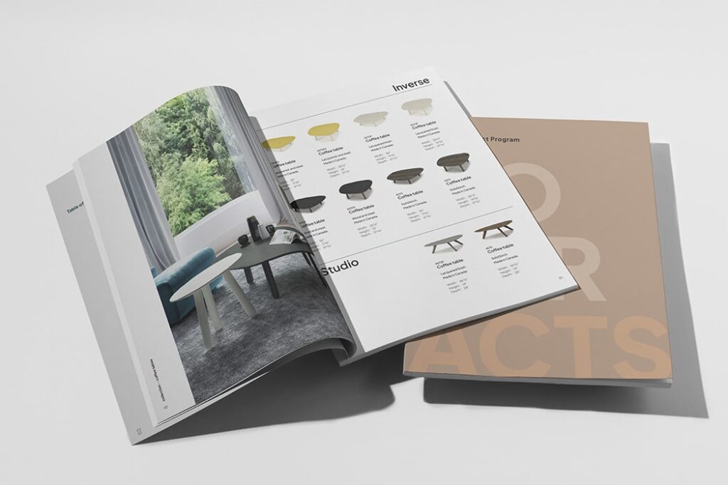 Mise en page d'un catalogue, brochure de produits, La graphiste de Drummondville a suivi le brand de la compagnie.